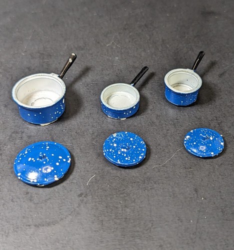 Mini Blue Speckled Pots w/ Lids Metal Dollhouse Diorama Miniatures 3pc Set