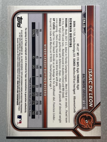 2022 Bowman Chrome #CPA-ID Isaac De Leon Prospect Autographs - Bild 2 von 2