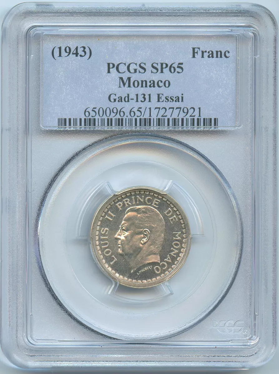 Monaco Louis II Test Silver 1 Franc (1943) PCGS Sp 65 Km# E9