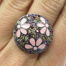 925 Sterling Silver Black Rhodium Enamel Real Multi-Sapphire Ring Size 7.25