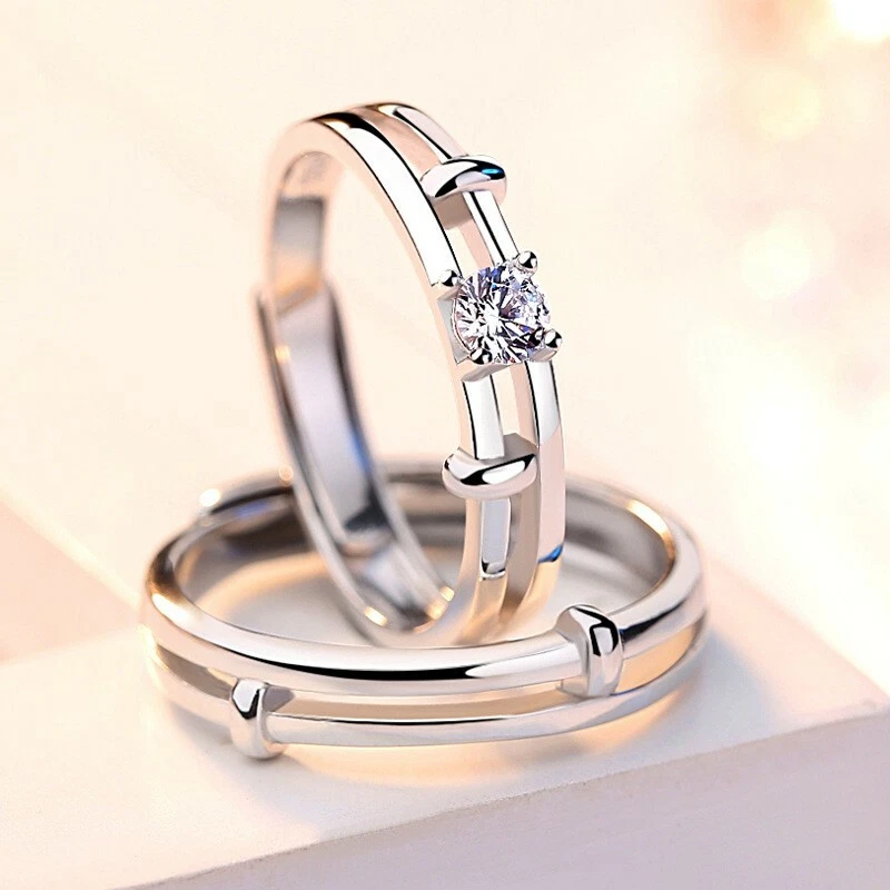 Paola silver plated simple single lovely crystal diamond adjustable couple  ring for men and women.