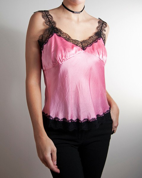 ESCADA Size FR 38 Vtg Pink silk camisole contrast black lace trim