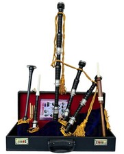 Great Highland Bagpipe Black Finish Silver Mounts Blue Velvet Cover Tutor Book