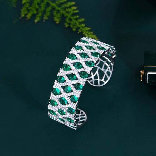 Charming Adjustable Green Cubic Zirconia Bridal Round Open Cuff Big Wide Bangle - Bild 6 von 9
