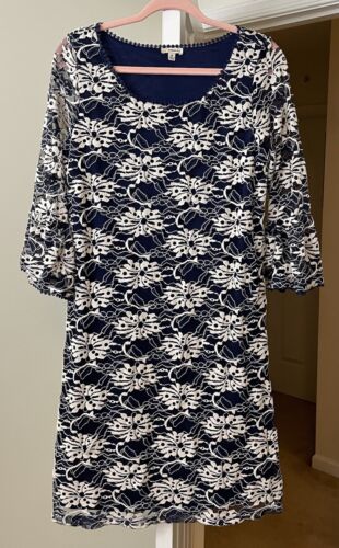 Haani Dress Artsy Navy Blue Mesh Embroidered Floral Wiggle Shift Bohemian XL - Picture 1 of 2