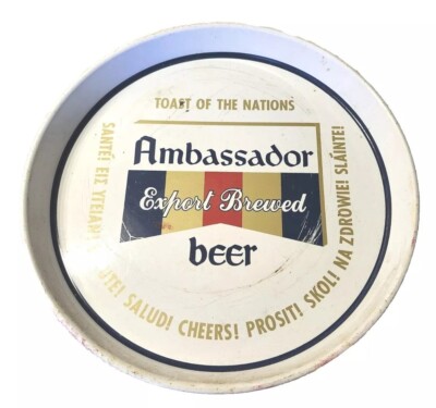 VINTAGE KRUEGER AMBASSADOR BEER 12'' METAL TRAY NEWARK Export Cheers in Languages