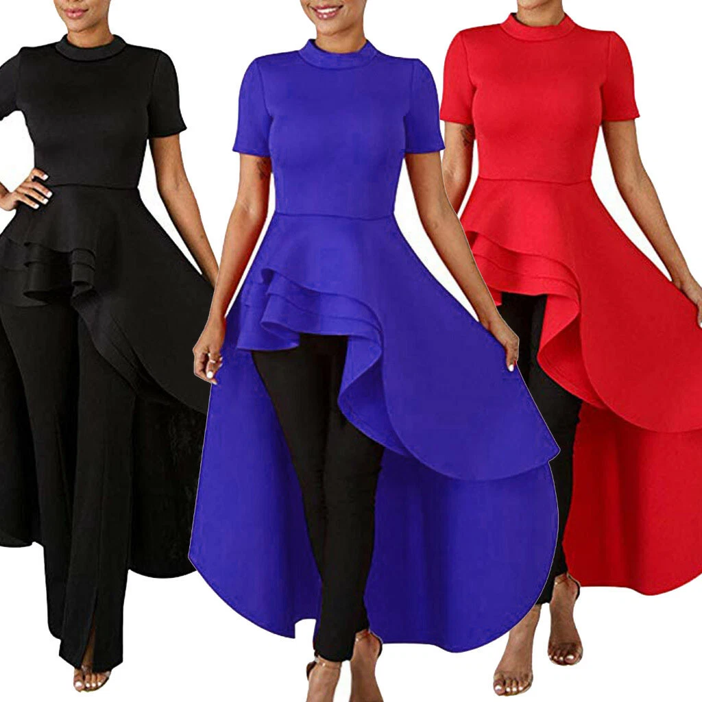 Womens ruffle high low asymmetrical short sleeve bodycon tops blouse shirt best sale dress