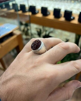 Natural Dark Brown Yemeni Aqeeq, Silver Men's Ring, Silver Ring For Him .