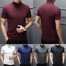 Mens Stretch Turtle High Neck T Shirt Casual Short Sleeve Slim Jumper Basic Top