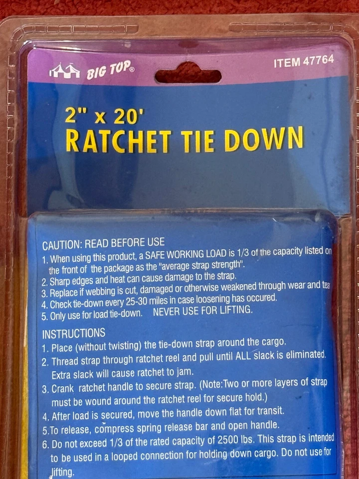 Atar trinquete Big Top 2" X 20' nuevo en paquete Foto 2 de 2