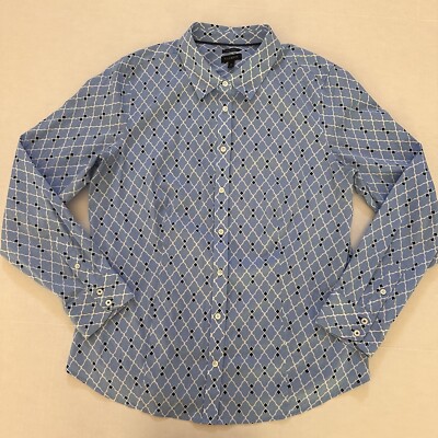 Talbots Shirt Womens 12 Blue Morrocan Diamond Print Wrinkle Resistant Button Up