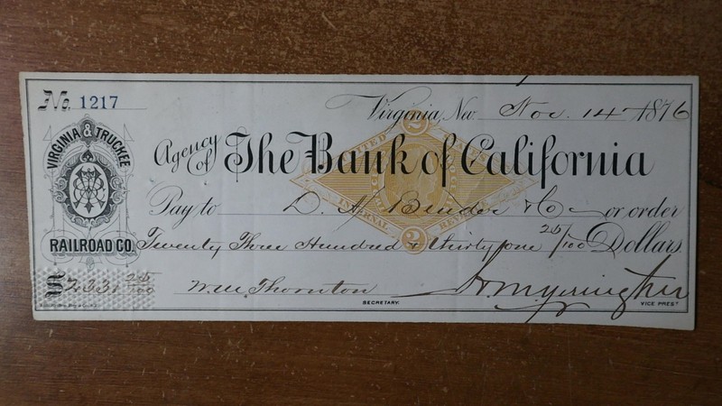 1876 Virginia & Truckee Railroad The Bank California Revenue Check Britton & Rey