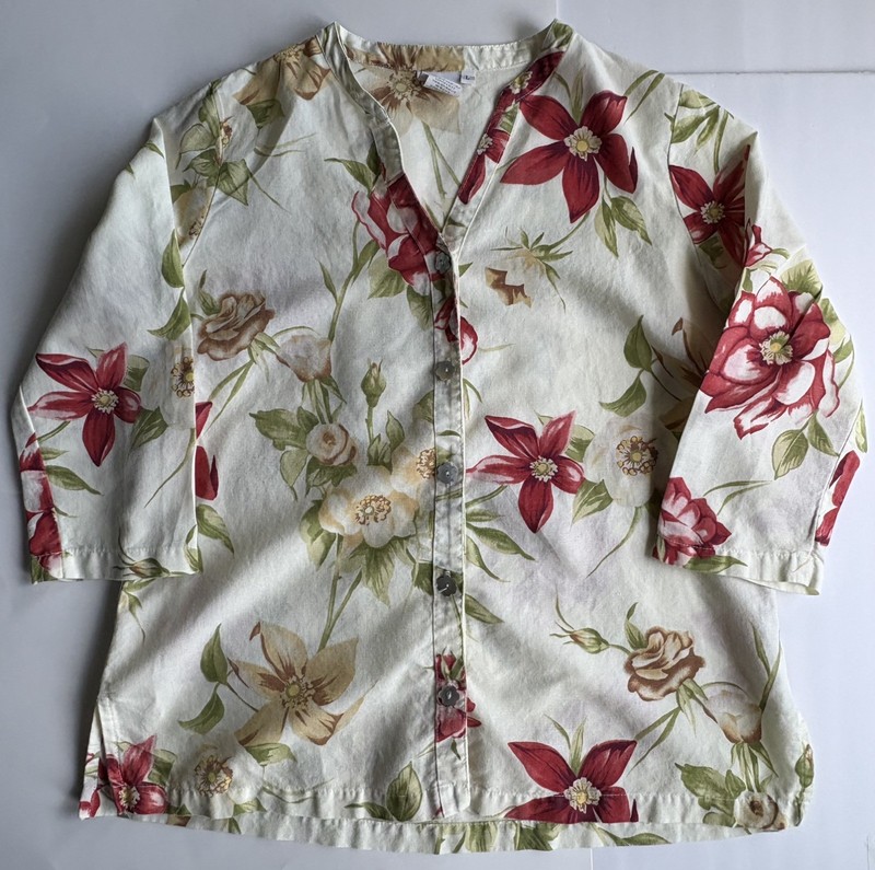 Hot Cotton Floral button down shirt 3/4 sleeves red, cream summer linen blend 
