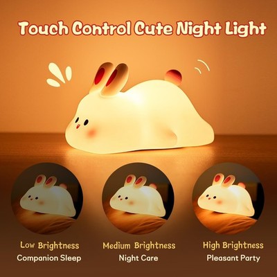 Cute LED Night Light Touch Sensor Cartoon Kid's Nightlights Big Face Rabbit Sili
