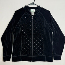 Quacker Factory Velvet Jacket Womens M Black Rhinestone Full Zip Made In USA