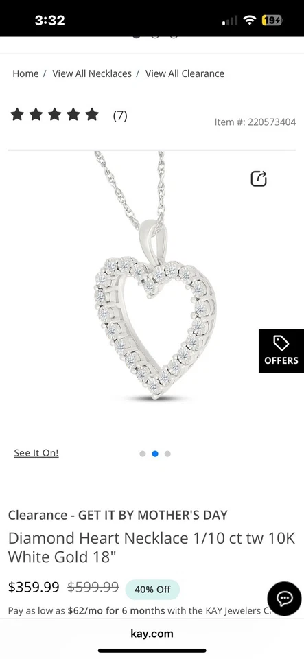 Collar Corazón Diamante 1/10 ct tw Oro Blanco 10KW Foto 3 de 3