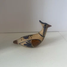 Tonala Mexican Pottery Bird Figurine Cobalt Blue Hand Painted Folk Art Rustic