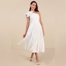 Lulus Sweet Definition White Burnout Ruffled One-Shoulder Midi Dress Size M