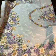Large floral/Easter bunny tablecloth blue clouds purple flowers white Karstan