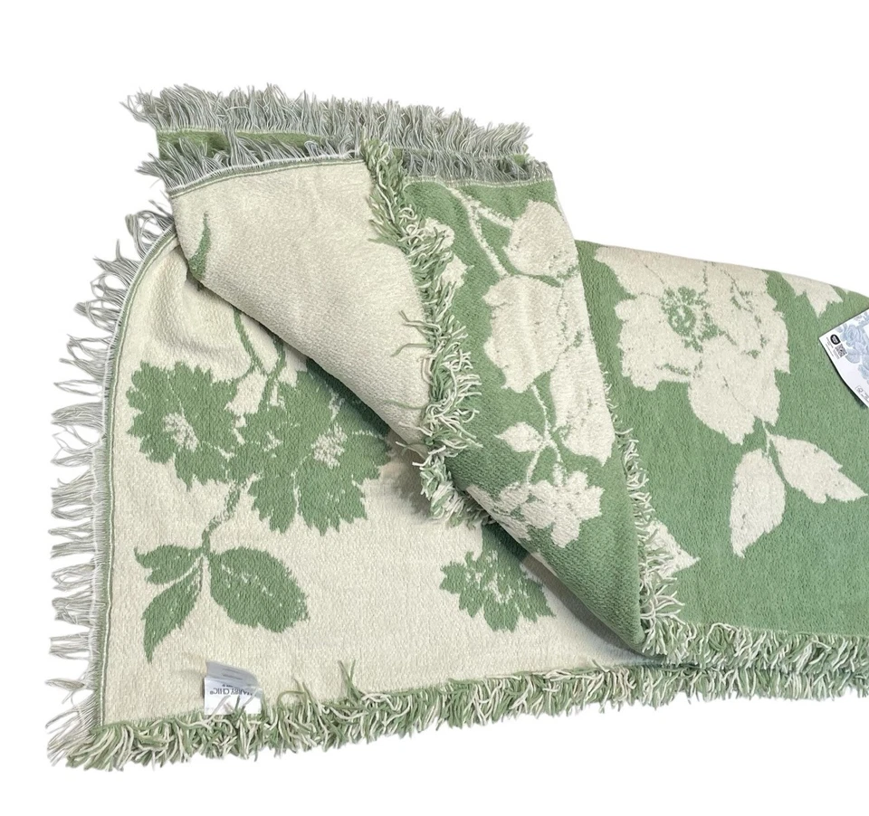 Shabby Chic Decorative Throw Blanket Reversible Green Ivory Floral Fringed Hem - Image 4 of 4