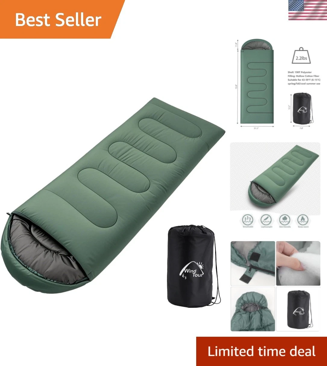 3 Season Lightweight Waterproof Sleeping Bag Indoor & Outdoor for Hiking Back...