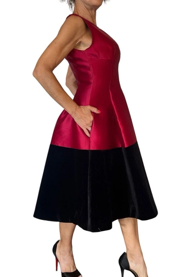 Kate Spade Fit & Flare Sleeeless Dress Red Silk Satin Black Velvet Midi 4-6 - Image 2 of 4