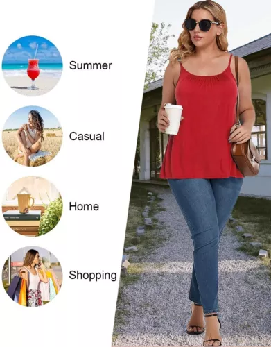 Women Plus Size Tank Tops Loose Casual Summer Top Pleated Flowy Adjustable Strap - Picture 4 of 55