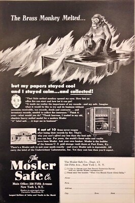 1949 The Mosler Safe Co. Brass Monkey Melted New York Vintage Print Ad