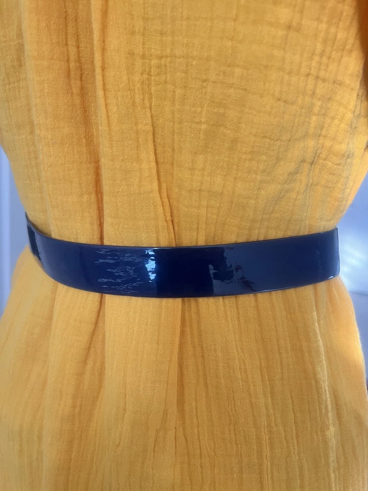 Винтажный женский пояс 80-х синий искусственная лакированная кожа прямоугольная пряжка с покрытием - Изображение 4 из 4