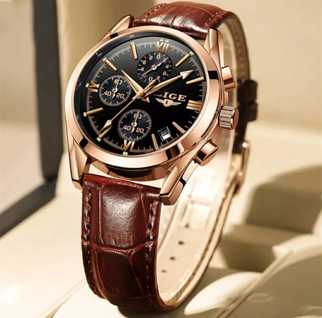 Mens Lige Chronograph Sports Waterproof Classic Quartz Leather