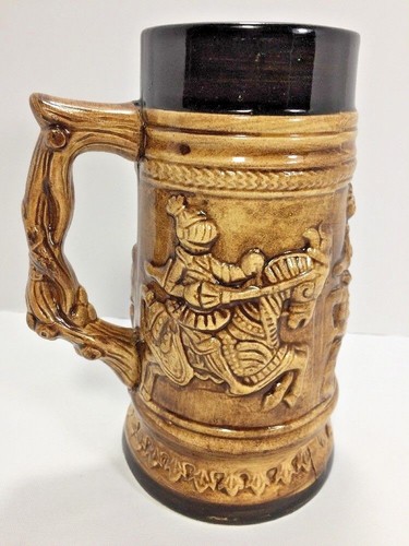 Vintage Beer Stein Japan 7" Tall Brown With Black - Jousting Knights - Picture 3 of 11