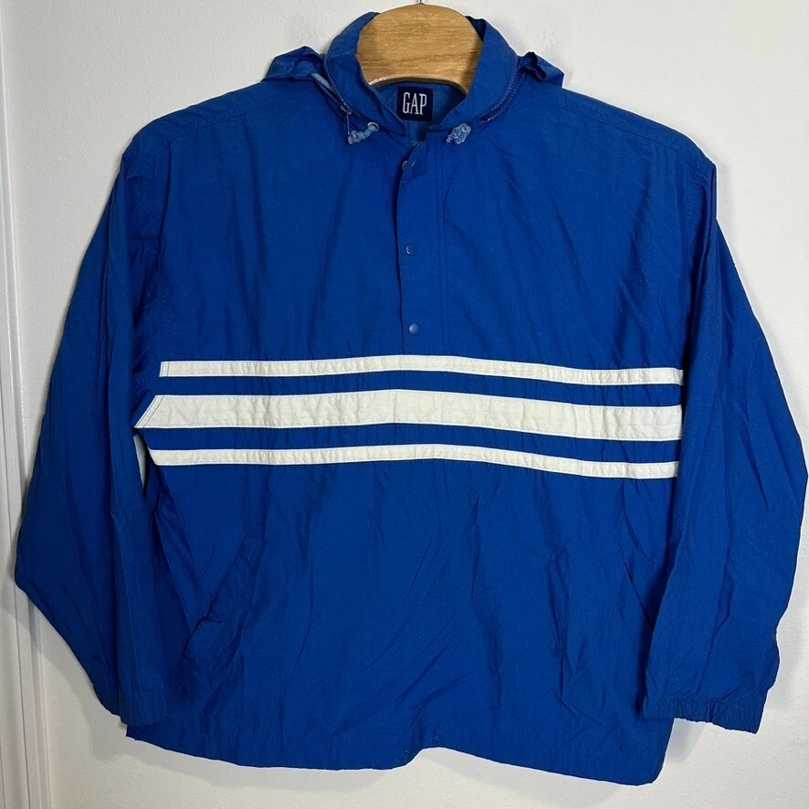 VTG Gap Anorak Windbreaker Jacket Mens Large Blue Hooded Quarter Zip Nylon