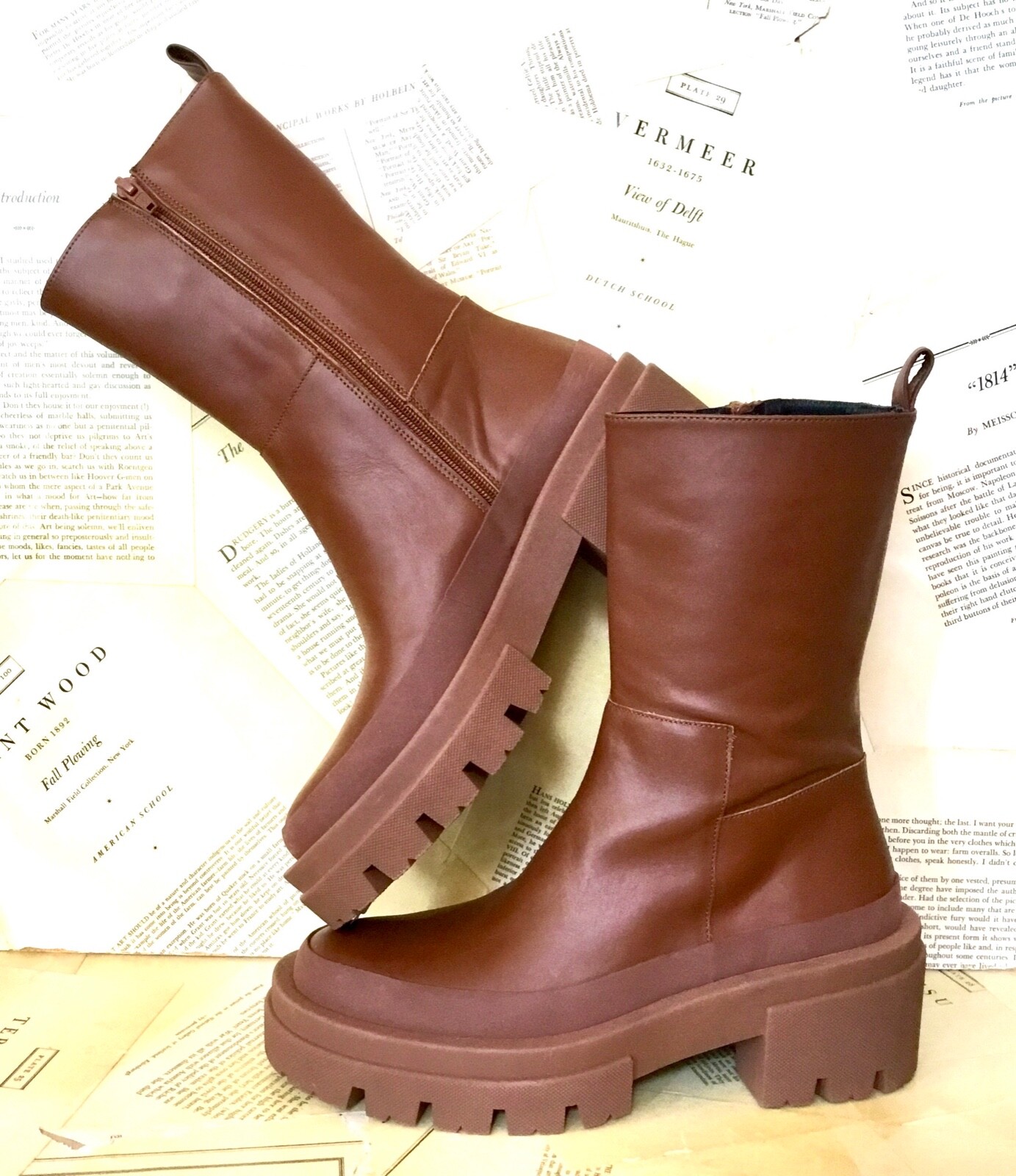 Ботинки Free People Equitare Maisy на подошве с выступом до середины икры Коричнево коричневого цвета на молнии 39 НОВЫЕ 28990₽