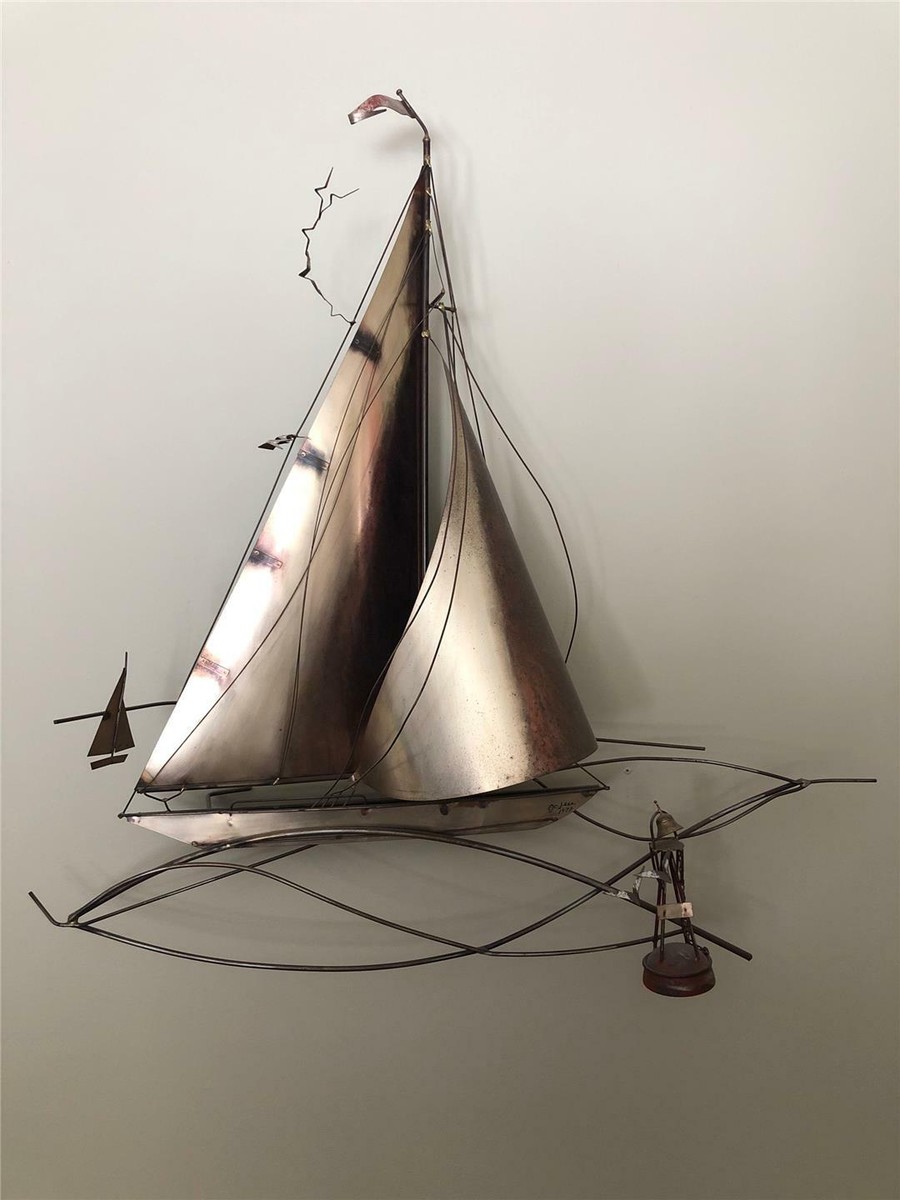 カーティスジェレ1987サイン入り彫刻c.jere ウォールスカルプチャーヨット C. Jere Sailboat Pier Metal Brass Wall Art Seagulls Dock