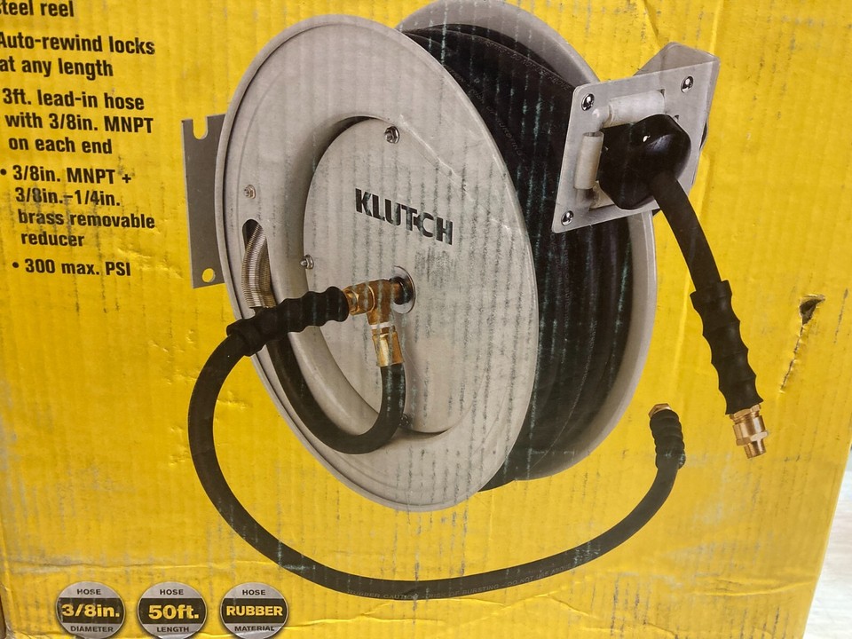 Klutch 73430 AutoRewind Air Hose Reel & 3/8" x 50' Rubber Hose, 300