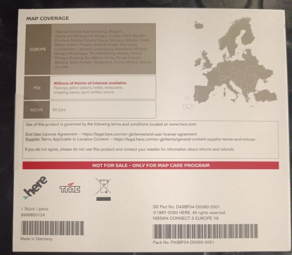 Genuine Nissan Connect 3 Sat Nav SD Card EUROPE V6 2021 Map | 9999850124 - Image 2 of 4