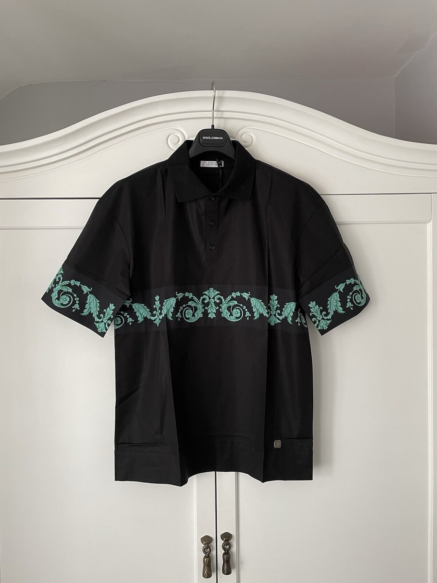 VERSACE Collection Black Green Baroque Print Polo Shirt with
