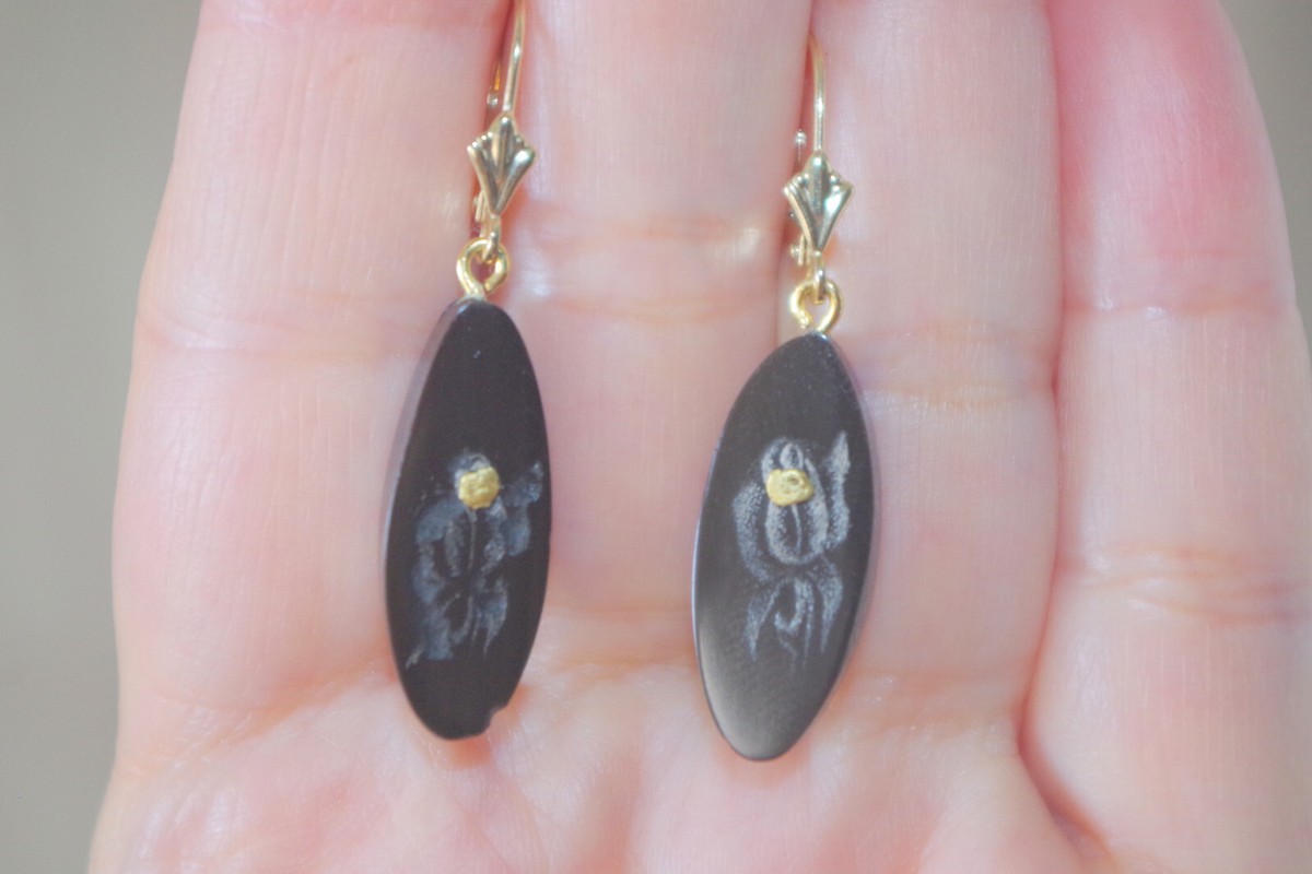 Genuine Antique 14K Carved Elongated Oval Painted Black Coral Earrings View 6