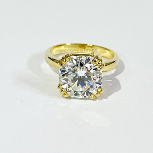5CT Blanco Tratados Diamante Corte Almohada Anillo En Oro Amarillo Chapado VVS1 - Imagen 6 de 7