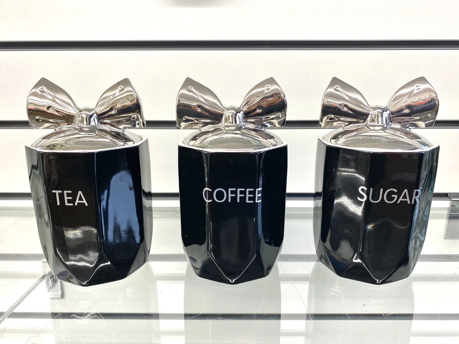 Tea Coffee Sugar Jar Black Chrome Bow Storage Set Ceramic Air Tight Canisters