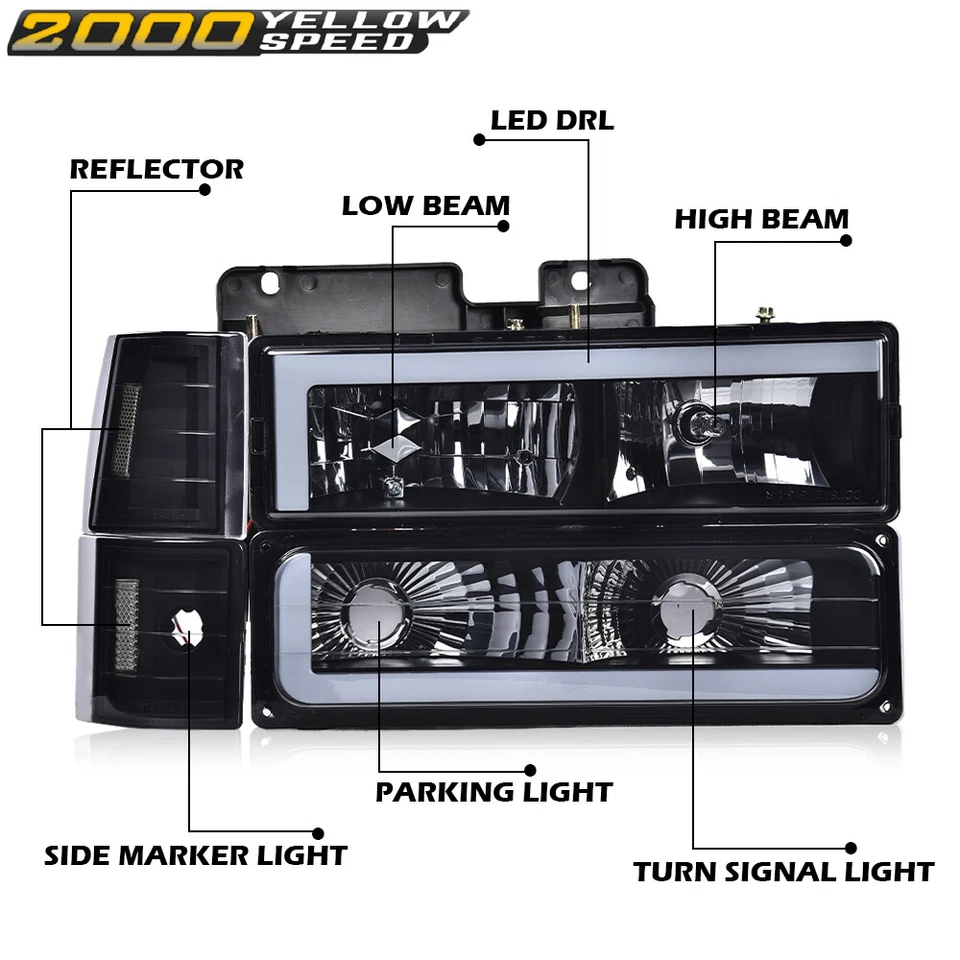 Fit For 94-00 Chevy GMC C/K 1500 2500 3500 LED DRL Smoke Lens Black Headlights Foto 3 de 4