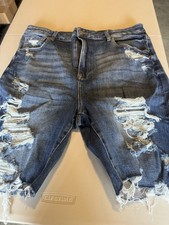 RISEN Jeans Womens 2XL Distressed Bermuda Shorts Blue Stretch Denim Raw Hem Plus