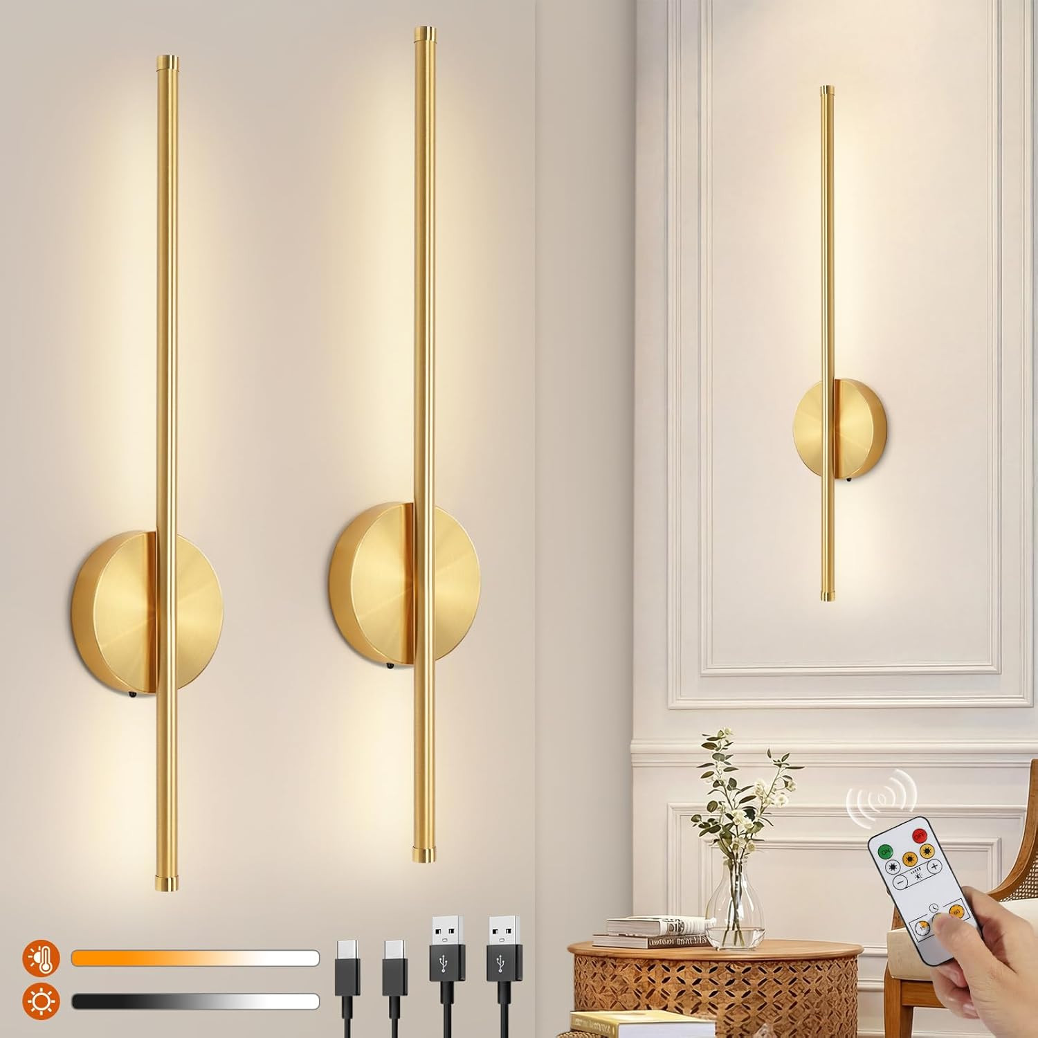 2 Pack USB Rechargeable Wall Lights Gold, LED Battery Operated Wall Lights Indoo