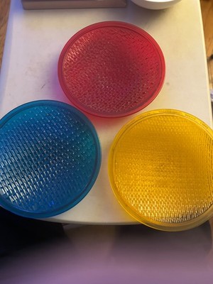 Three 8 3/8  railroad lenses, three colors, Kopp, Marbelite