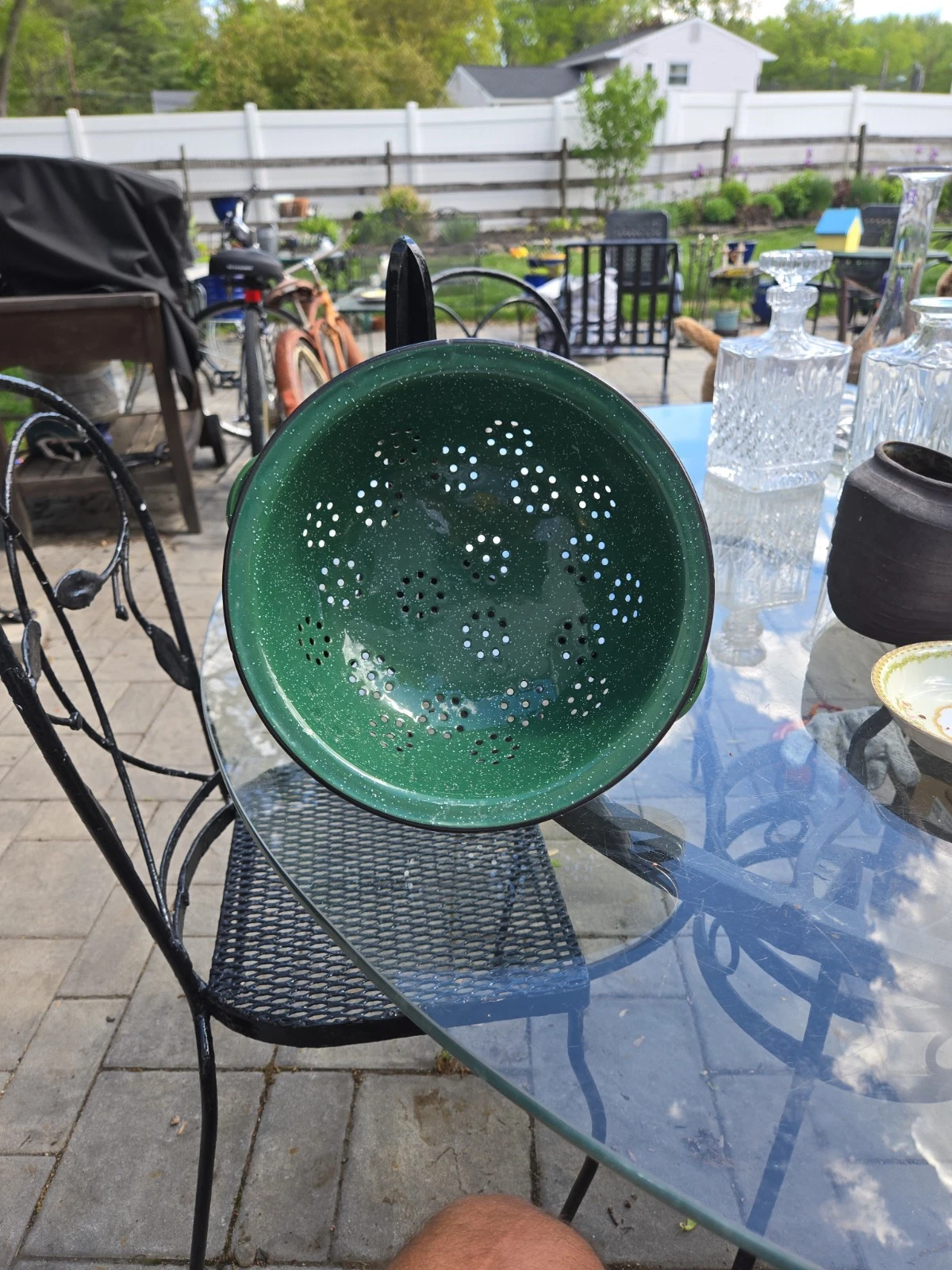 Enamelware Colander Green Speckle White Mid-Century Modern USA