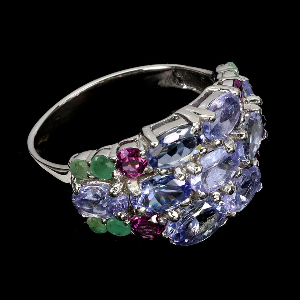 925 Anello Argento Sterling Ovale Tanzanite Smeraldo Rodolite Gemma Gioielli 9 - Immagine 3 di 4