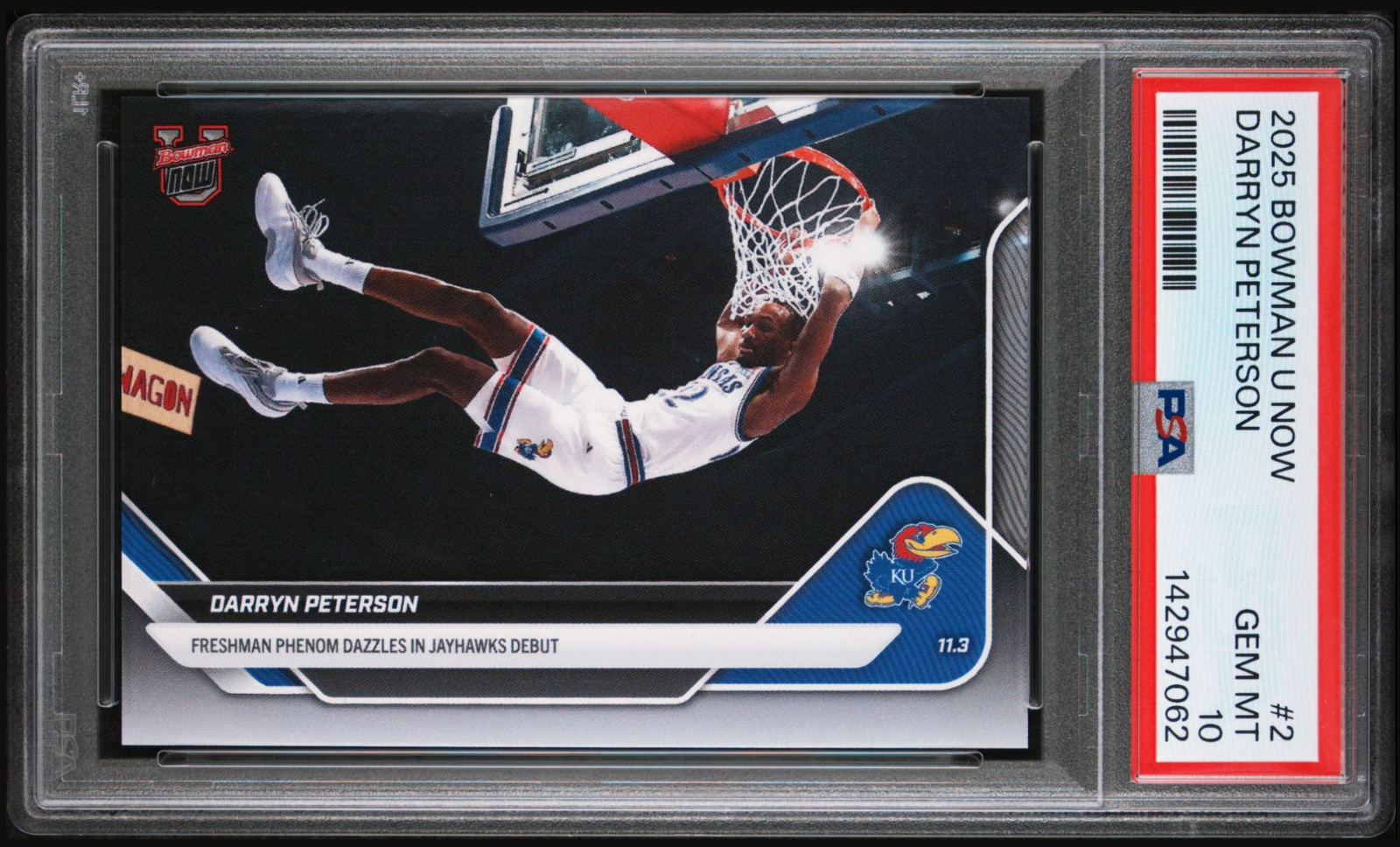 Darryn Peterson Rookie 2025-26 Bowman U Now #2 Kansas Jayhawks GEM MINT PSA 10