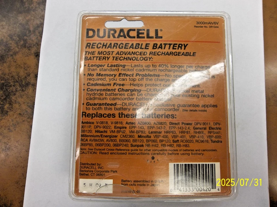 Batería recargable para videocámara Duracell DR13 - Sellada de fábrica - ¡Nueva! Foto 3 de 3