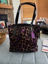 Coach Signature Ocelot Leopard Print Tote F25282   Black/Purple/Brown Sateen