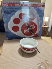 Coca-cola Two Piece Ceramic Chips and Dip Set - Bear Paw Shaped Tray w/ Dip Bowl